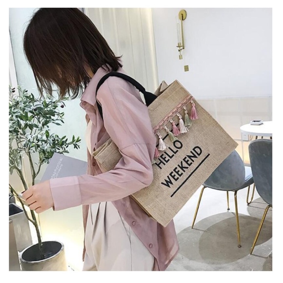 Hello Weekend Mode- Tassel Linen Shoulder Bag - Picture 3 of 8